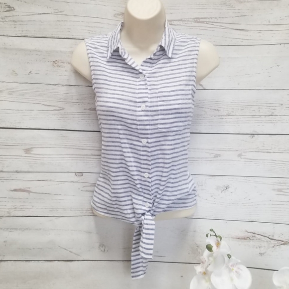 beachlunchlounge Tops - beachlunchlounge Blue Striped Button Down Tie Top